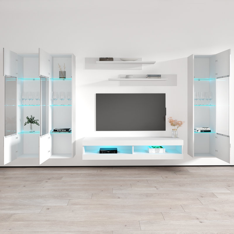 120" Modern Floating Wall Mounted Entertainment Center with 16-Color LED Lighting, High Gloss Finish, White