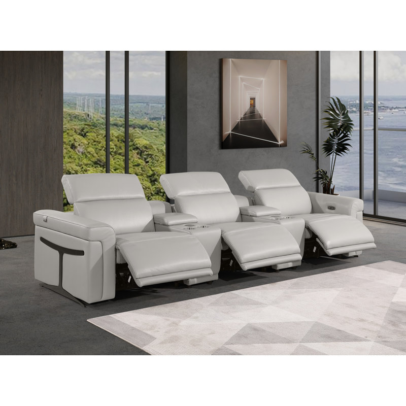 5-Piece 3-Power Reclining Italian Leather Sofa With Power Headrest, Light Gray