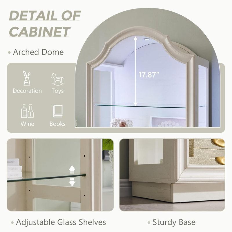 72" Arched Glass Display Cabinet, Modern Curio Cabinet With 20 Color Lights, 4-Tier Display Case Shelf With Brightness/Speed Adjustable For Living Room, Dining Room, Study Room-Antique White
