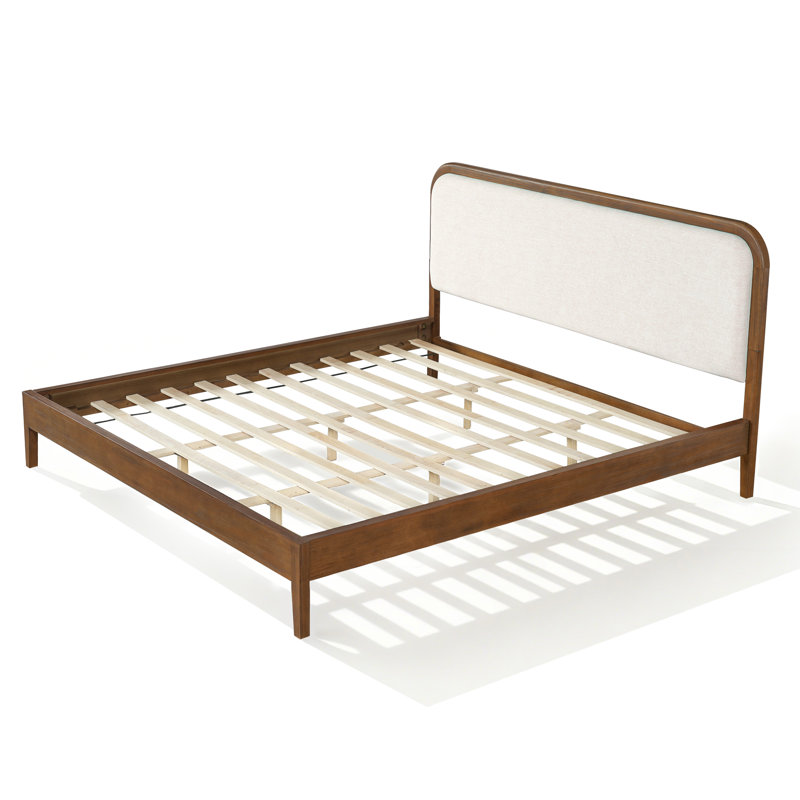 Anna Mid-Century Modern Acacia Wood Platform Bed with Upholstered Headboard, King