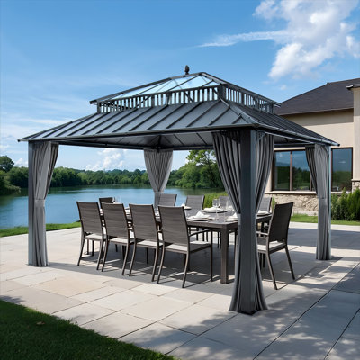 SUNJOY Kingston 14x12 Gazebo, Steel & PC Roof Hardtop Gazebo with Curtain and Netting - Gray Aluminum Posts