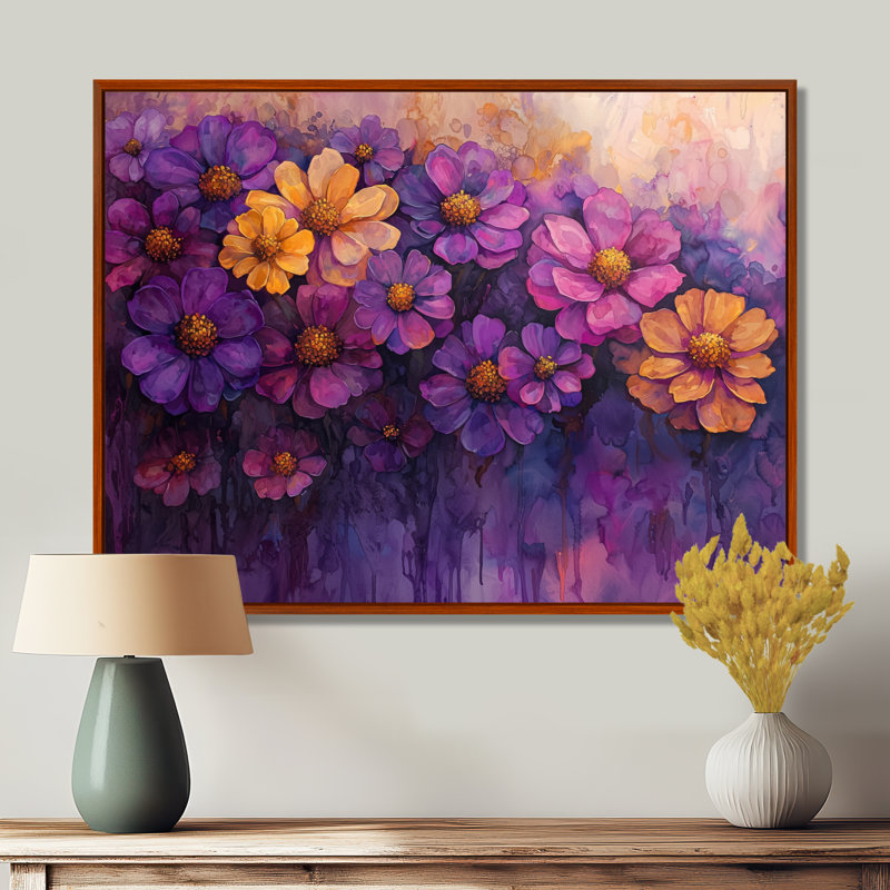 Iqrah Zinnias, fleurs, lavande, champ de minuit III - art mural Zinnias pour le salon, Brun, Impression encadrée flottante