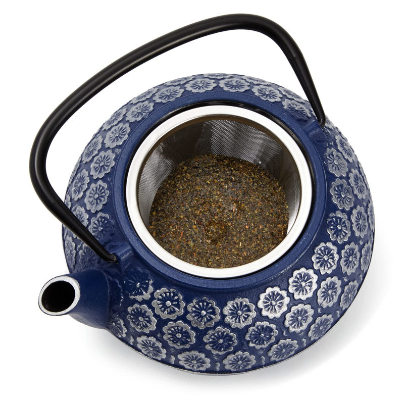 Blue Floral Cast Iron Teapot with Stainless Steel Infuser, 34oz