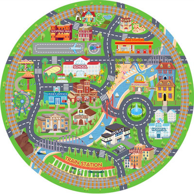 Washable Kids Play Rug Non-Slip&Soft Green Town Educational Rug for Playroom Nursery