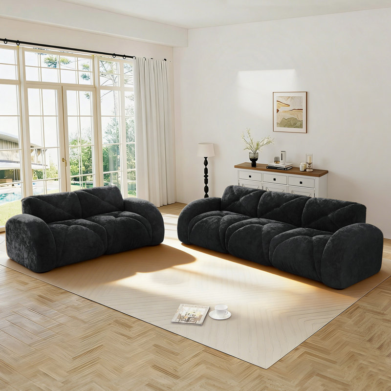 Ensemble de salon 2 pièces pour canapé 5 places en velours doux avec assise profonde, Noir