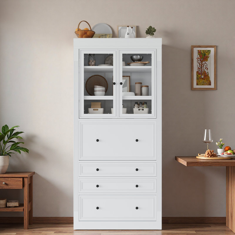 Freestanding Kitchen Pantry With 3 Drawers, Adjustable Shelves And Power Outlet, White