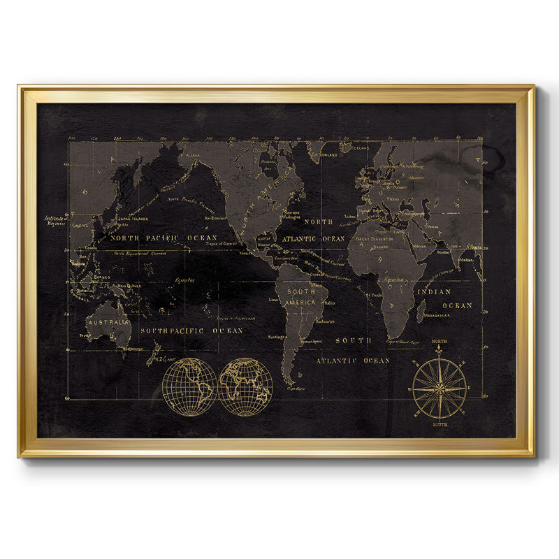 «Black Gold Map», reproduction encadrée sur toile, H 14 po x l 20 po x P 1,5 po, Or