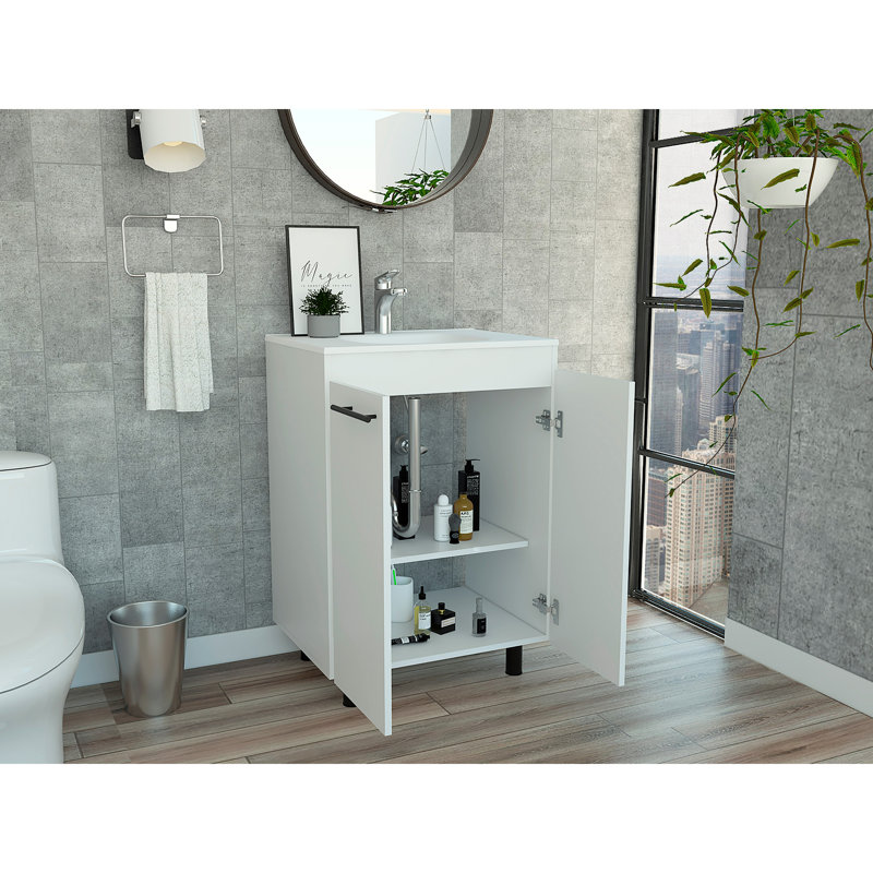 Meuble-lavabo de 24 po Khari, armoire de plancher, porte double, deux tablettes - blanc