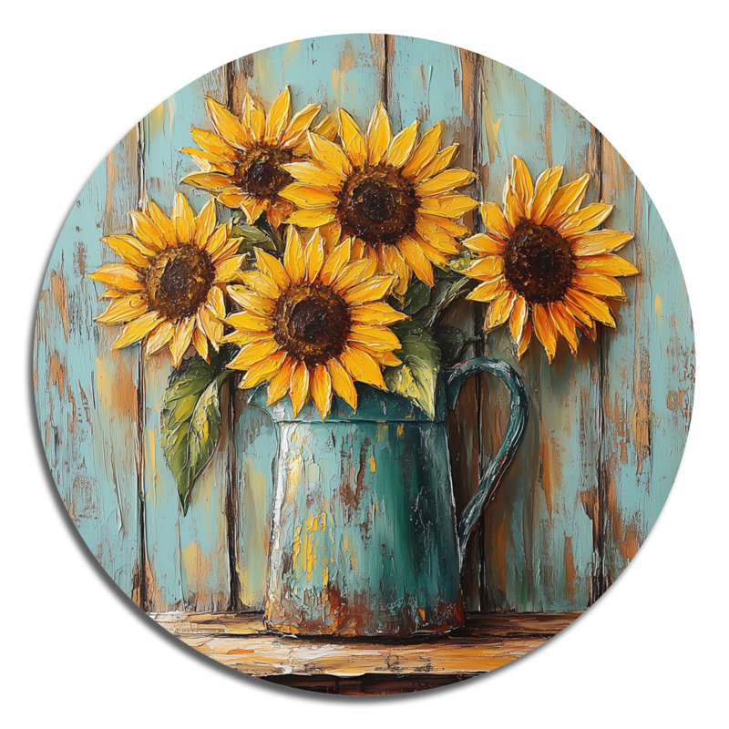 Tournesols dans un pichet en émail, L 23 po x H 23 po
