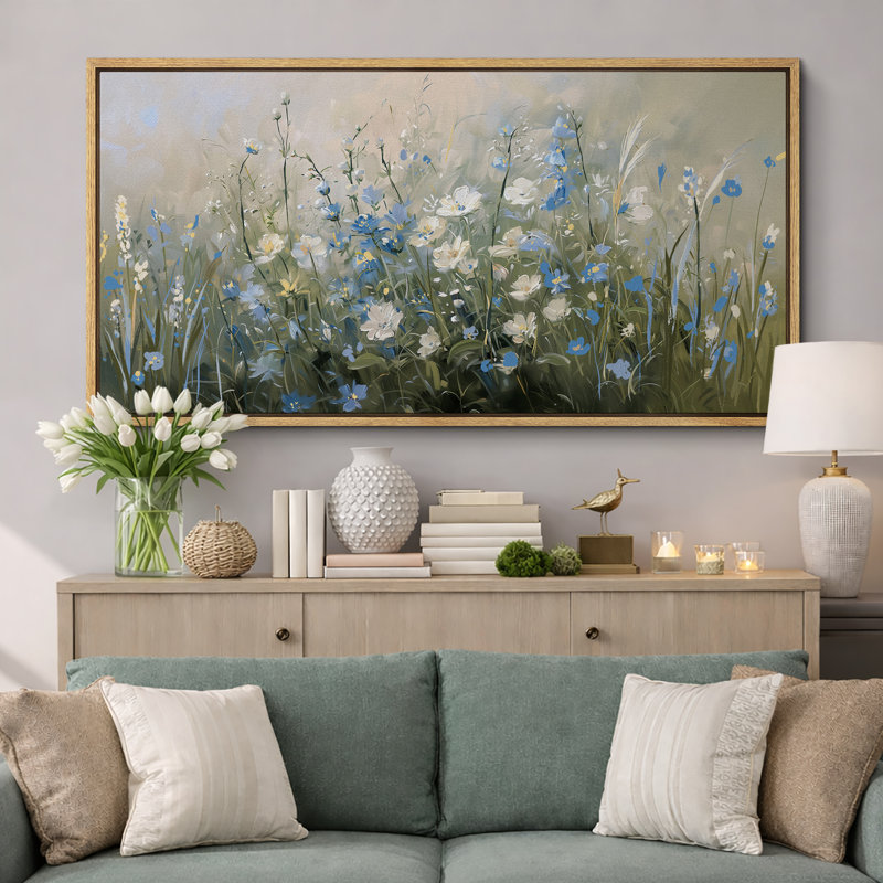 «Blue Green Flowers», art mural de campagne française, impression numérique sur toile, art numérique, H 30 po x l 60 po
