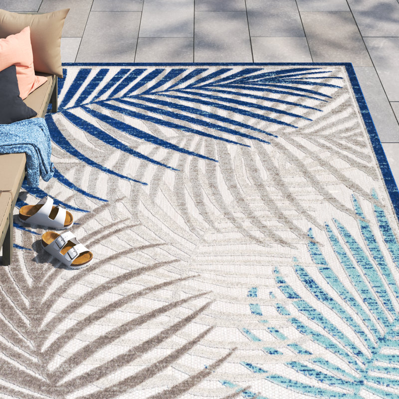 Cephas Floral Dark Blue/Aqua/Cream Indoor/Outdoor Area Rug, Rectangle 5'3" x 7'3"