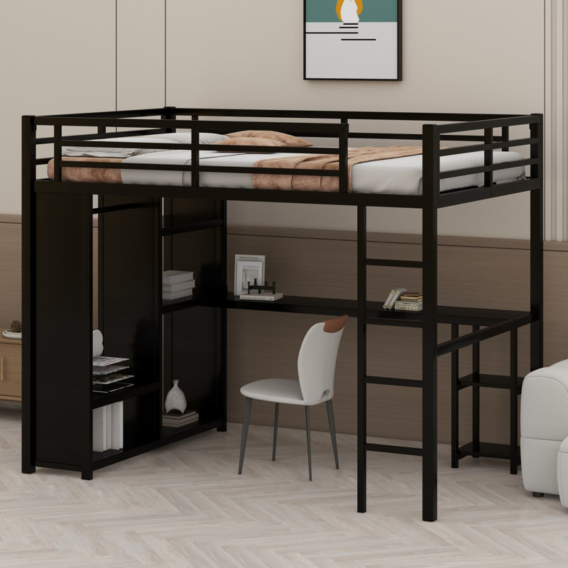 Structure de lit mezzanine en métal avec garde-robe intégrée, bureau et tablettes de rangement, Noir, noir, noir, noir