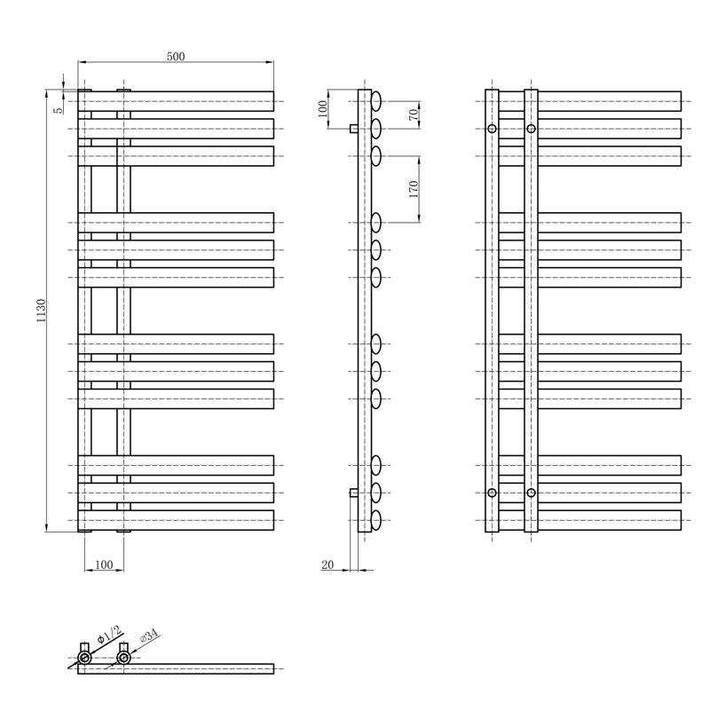 Flat Panel Towel Rail Heated Towel Rails, White, 113cm H x 50cm W x 56cm D