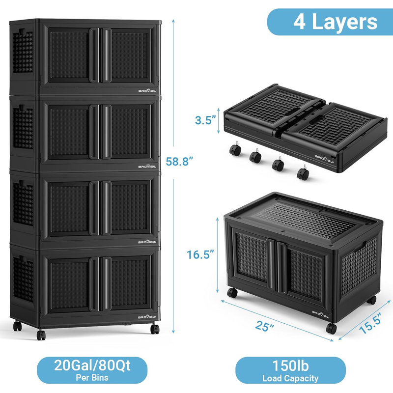 320Qt Storage Bins with Lids, 80Gal Plastic Stackable Collapsible Storage Bins with Doors Wheels, Closet Organizers and Storage, Foldable Box Cabinet for Home Office Garage, 4Pack Black Cube