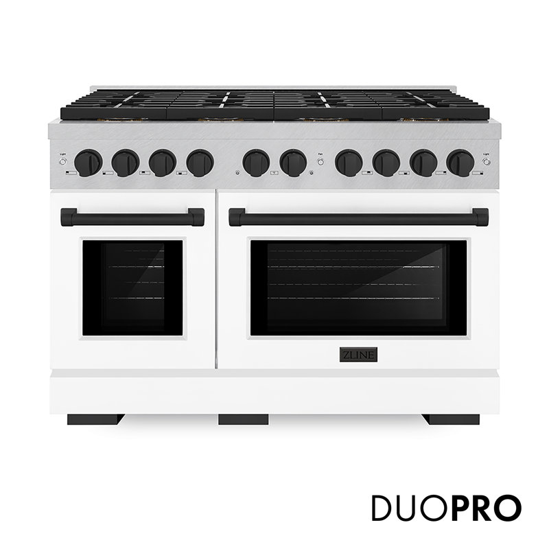 ZLINE Autograph Edition 48 in. 6.7 cu. ft. Paramount Dual Fuel Range W/ 8 Burner DuoPro Cooktop and Dual Ovens in Satin Stainless Steel W/ White Matte Doors and Polished Gold Accents
