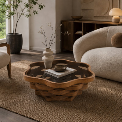 Table basse de 35,63 pouces de forme irrégulière en forme de nuage, plateau de table en verre trempé, base ondulée en panneau de fibres à densité moyenne, style art moderne, convient aux salons et aux appartements.