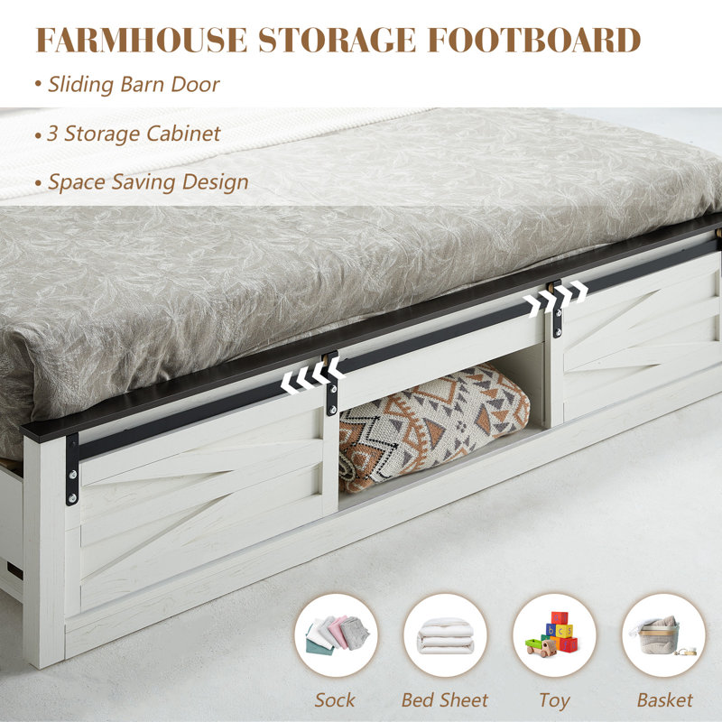 Revan 49" H Farmhouse Bed Frame With Sliding Barn Door Storage Cabinets, Full / Double, Red Brown