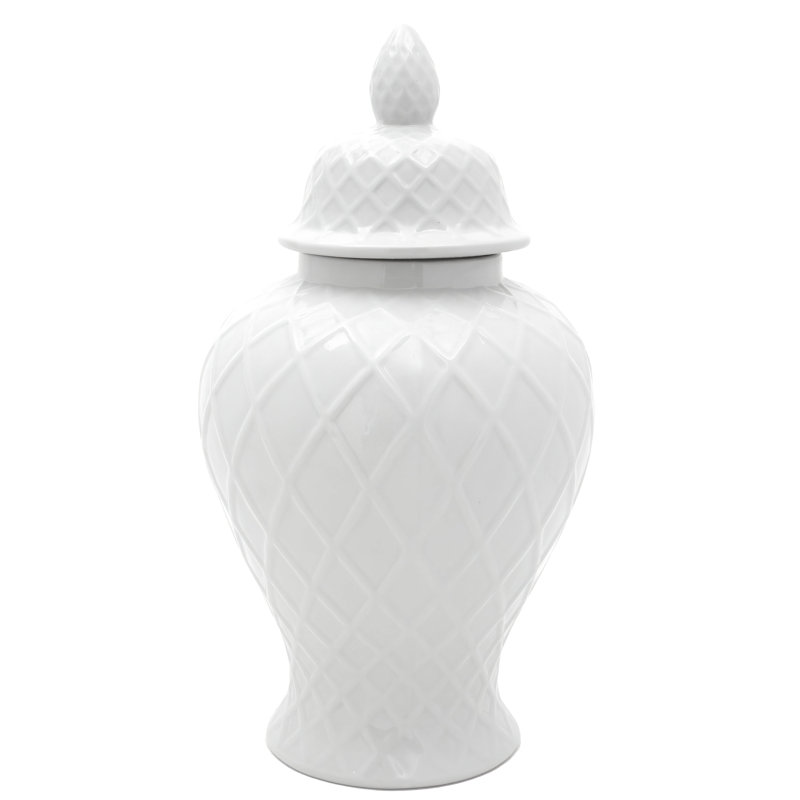 19.5" Diamond Pattern Antique White Temple Jar, White