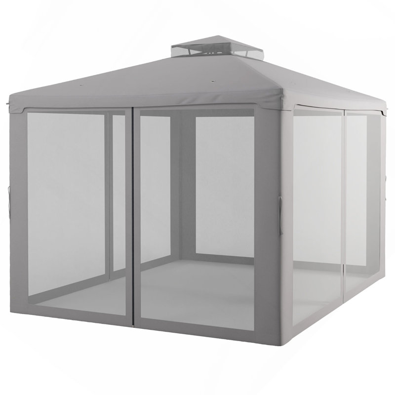 9. 6' X 11. 6' Patio Gazebo, Outdoor Canopy Shelter With 2 - Tier Roof And Netting, Steel Frame, Gray