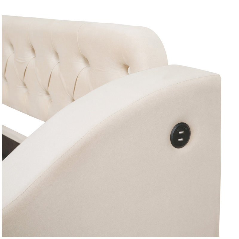 Lit de jour simple rembourré avec accoudoirs de rangement et port USB, Beige