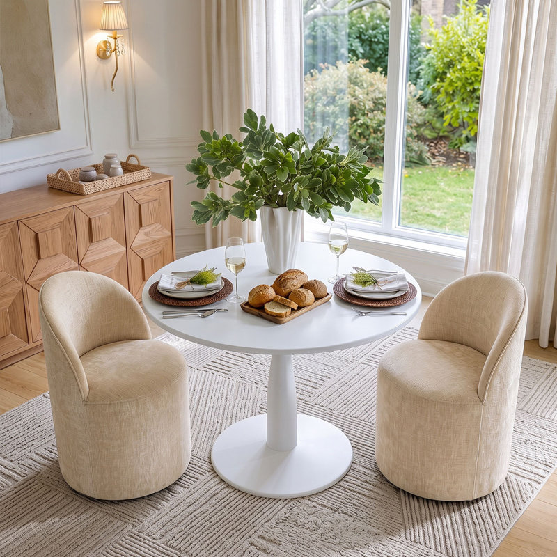 Ensemble de table de salle à manger pour 2 personnes avec table ronde et 2 chaises pivotantes en chenille rembourrées, Brie