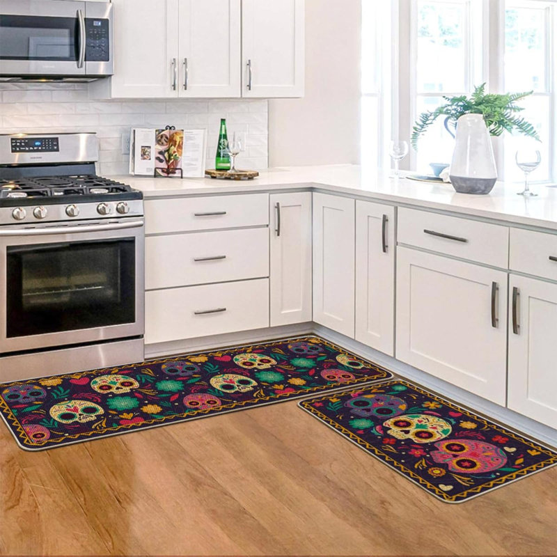 Ensemble de 2 tapis de cuisine Sugar Skulls Marigolds Leaves Day Of The Dead