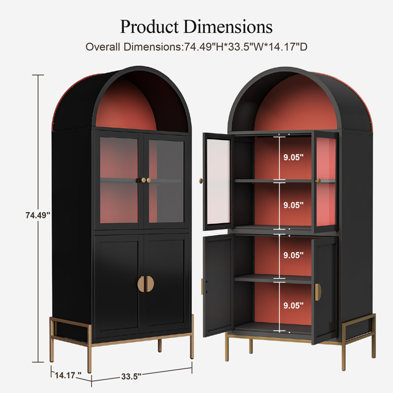 Vitrine cintrée en acier de 189 cm de haut avec double porte en acrylique transparent, étagères réglables et espace de rangement fermé, idéale pour le salon, la salle à manger et le bar.