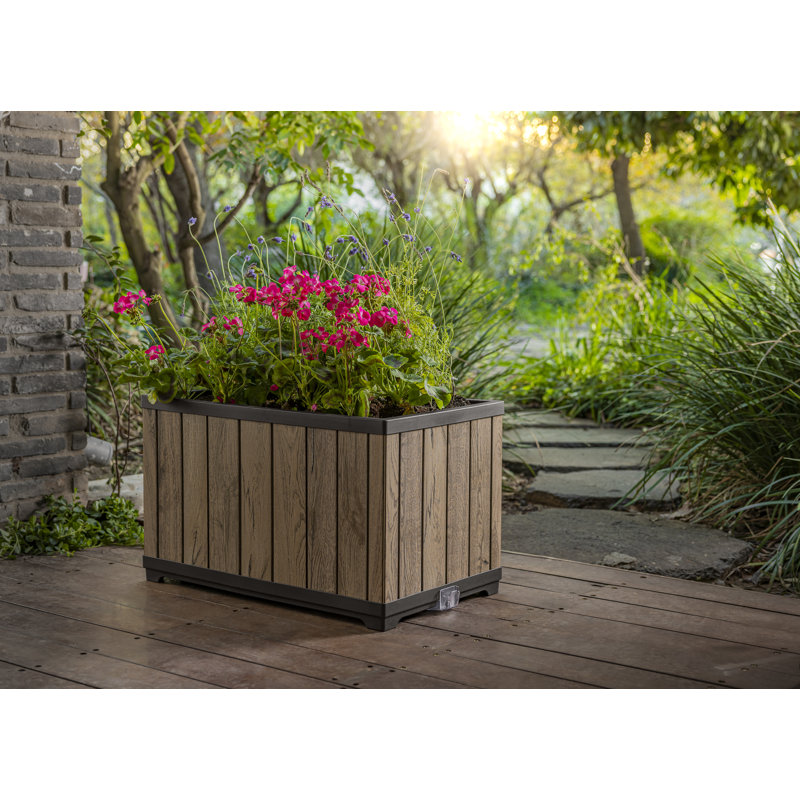 Keter Signature 18 Inch Rectangular Large Wood Look Planter for Indoor or Outdoor Flower Pot, Pine