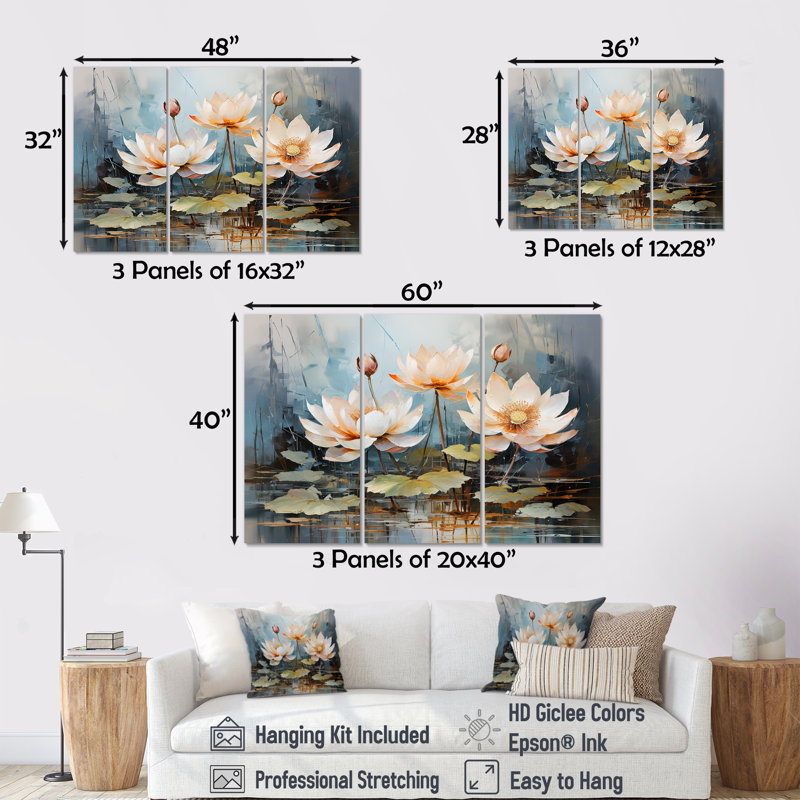 Fleurs de lotus en harmonie orageuse I - ensemble de salon d'art mural Lotus, H 40 po x l 60 po x P 1 po