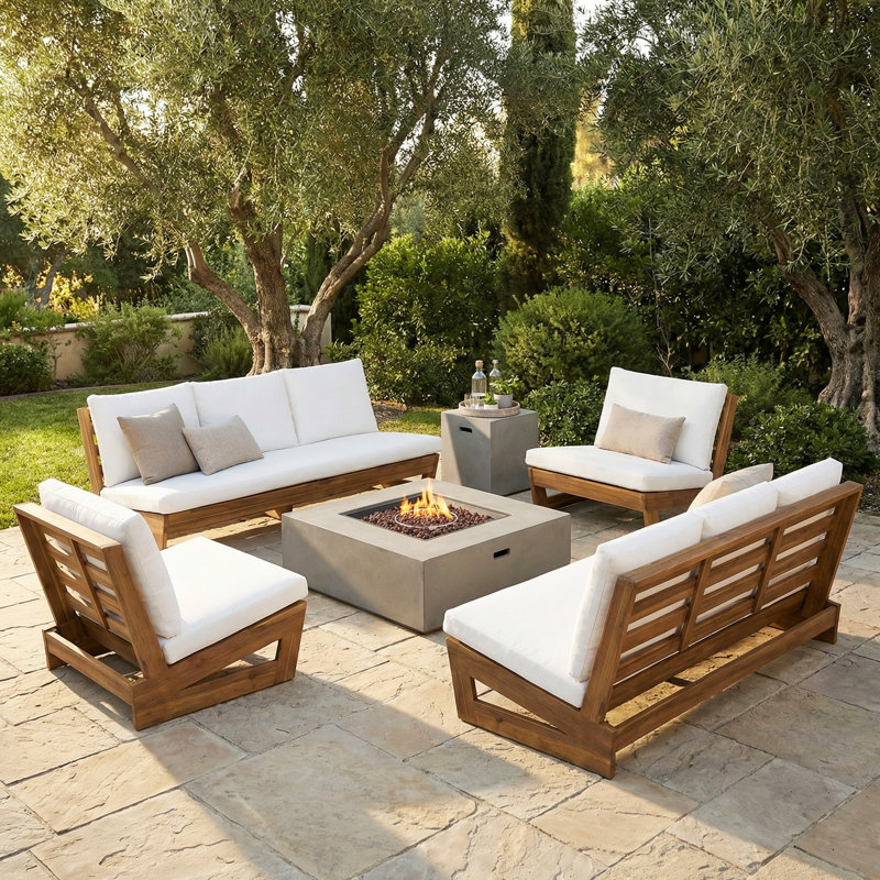 Ensemble de conversation moderne avec coussins Shelton, Coussin blanc / structure en teck