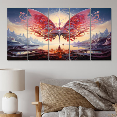 Futuriste majestueux papillon rose - reproduction d'art papillon animaux - 5 panneaux égaux