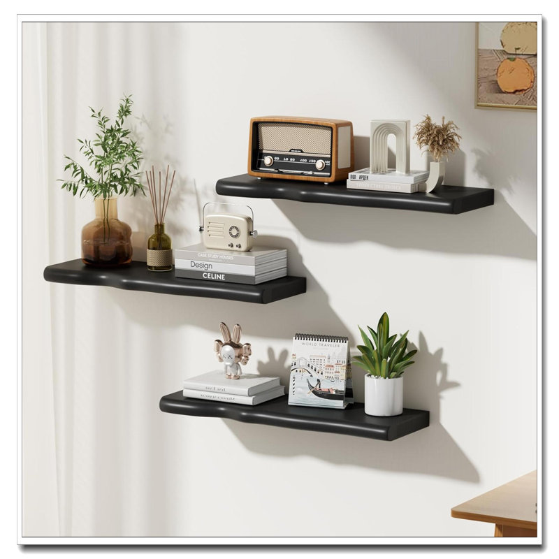 24 Inch Rustic Farmhouse Floating Wall Shelves Solid Pine Live Edge Wooden Shelf For Bathroom Living Room Bedroom Kitchen Black