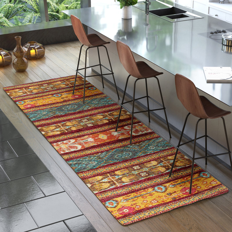 Episkopi Striped Flatweave Orange/Turquoise Area Rug, Runner 2'11" x 7'8"