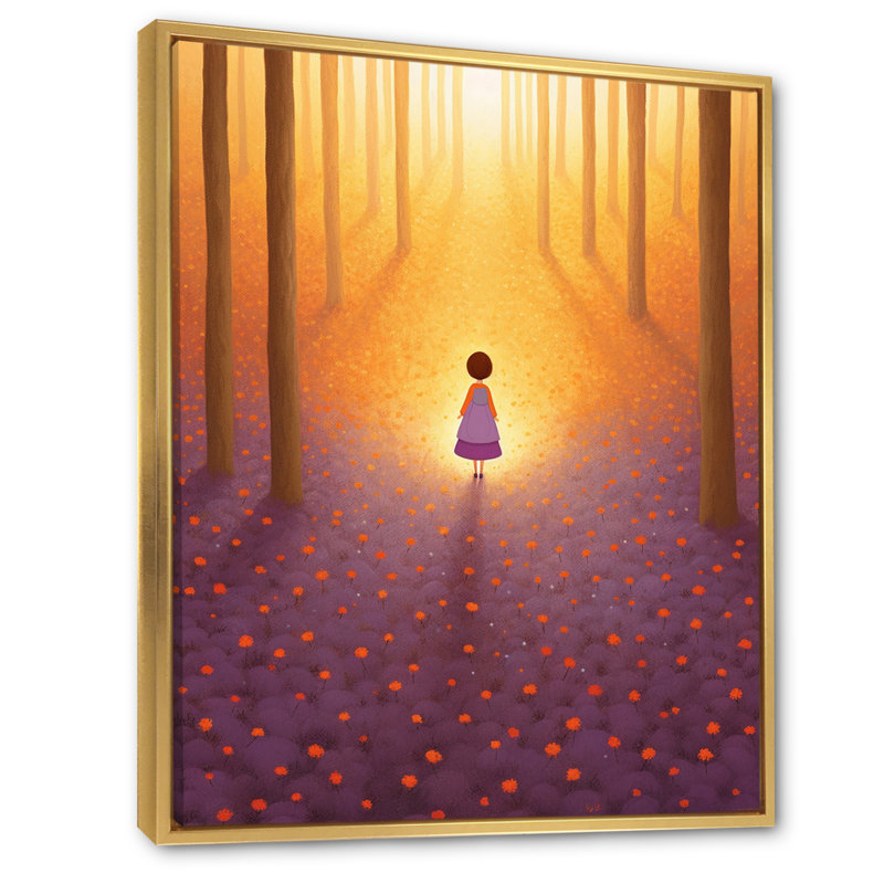 Petite fille marchant dans la forêt de Jacaranda sur toile, H 32 po x l 24 po x P 1 po, Cadre flottant doré