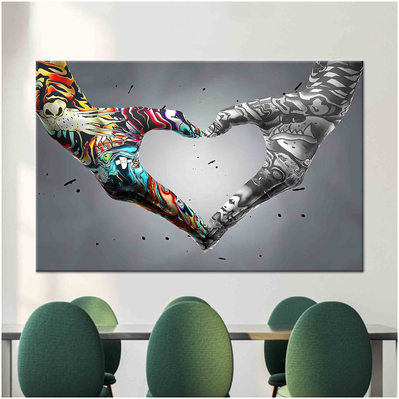 Hand Heart Graffiti Art - Modern Love Themed Wall Decor for Bedroom Spaces, Does Not Apply, 20" H x 28" W, Wrapped Canvas