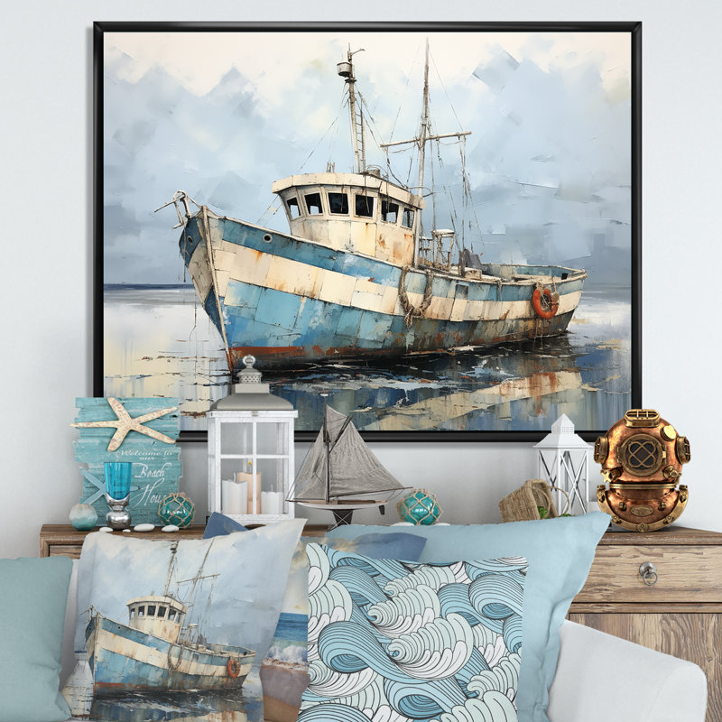 Bateau de pêche bleu et blanc - bateau côtier, art mural, H 30 po x l 40 po x P 1,5 po, Cadre flottant noir