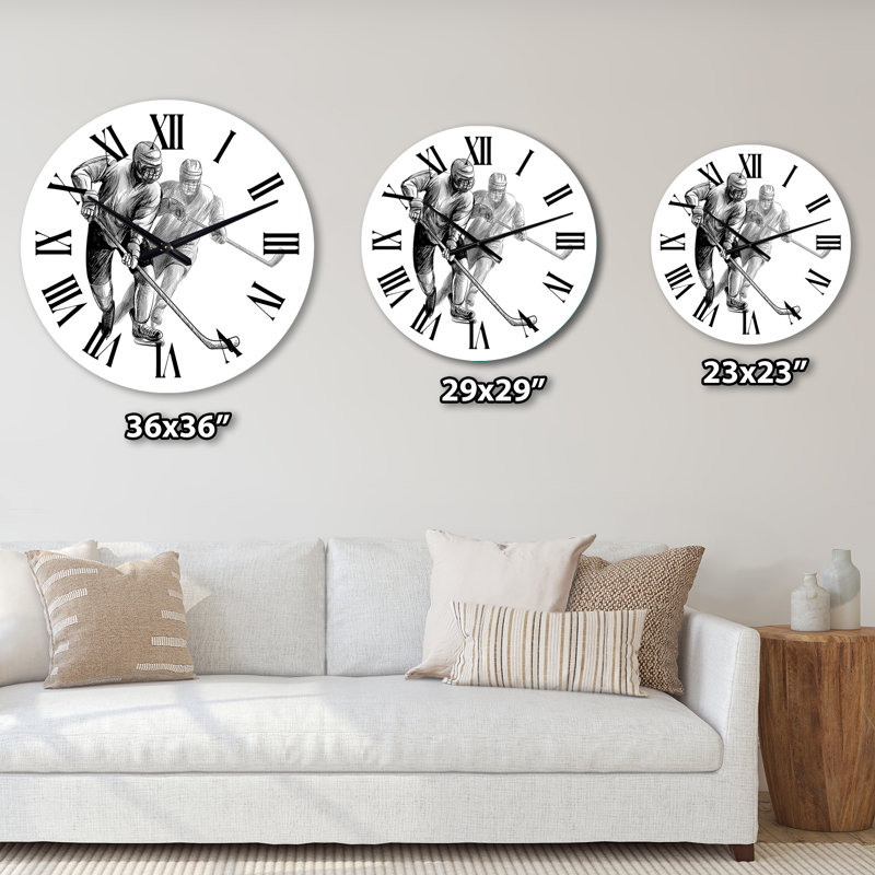 Joueur de hockey en noir et blanc, sport d'hiver IV - horloge murale mondiale, Moyen