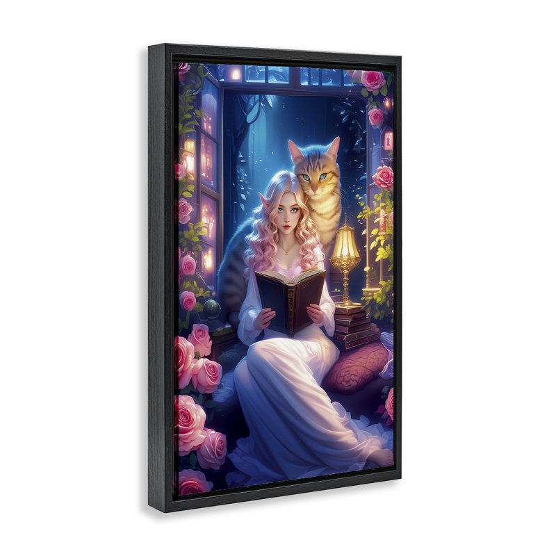 Cadre flottant Mysterious Girl & Cat, design par Image World, Cadre flottant noir de jais, H 25 po x l 17 po