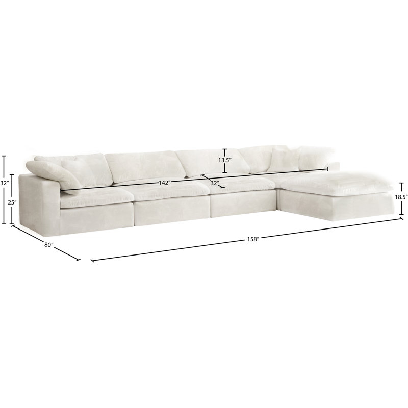 Cozy 158" Wide Velvet Modular Sofa & Chaise with Ottoman, Cream Velvet