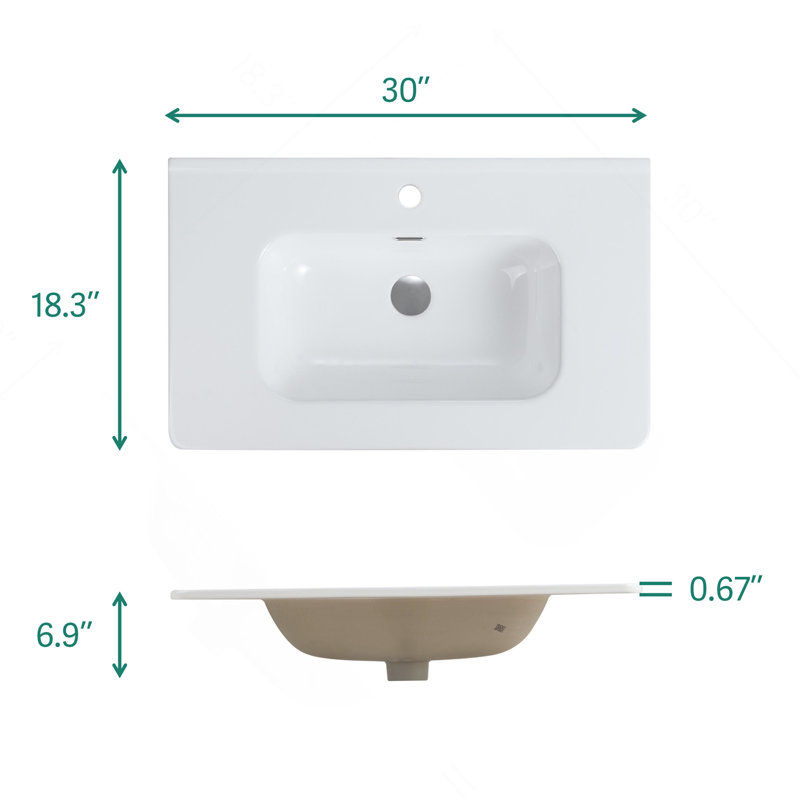 Integrated White Ceramic Basin, Drain Not Included, 30"