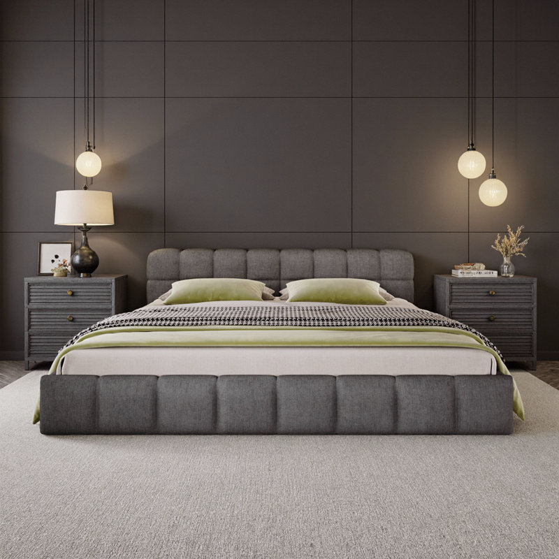 Élégant grand lit tapissier en chenille beige avec tête de lit à damier, Grand lit