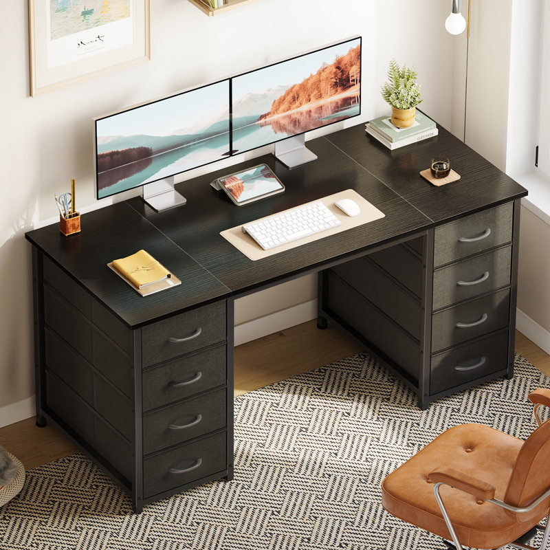  Home Office Desk With 8 Spacious Fabric Drawers, Modern Writing Desk With Sturdy Design, Corner Desk With Reversible Structure