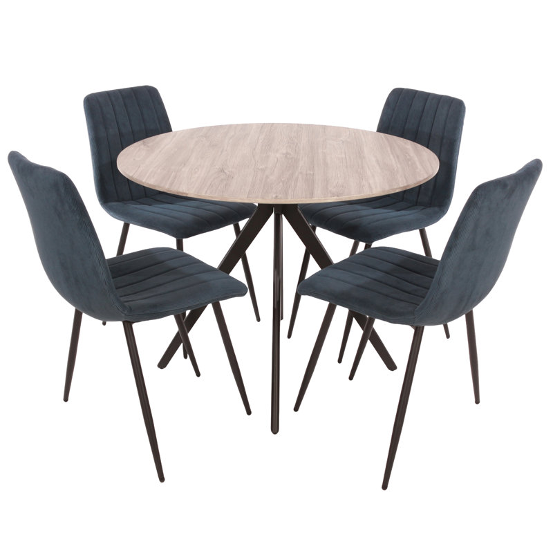 Huetter aspen 1000mm oak foiled round table & 4 fabric chair Set, Blue, Grey Oak