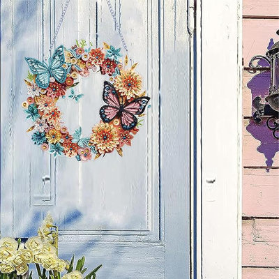 Ortholf 5D DIY Colourful Floral Butterfly Wreath Diamond Painting Kit Crystal Embroidery Rhinestone Hanging Decoration