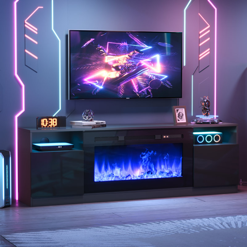 Meuble télé 70 po pour téléviseur de 80 po ou moins, console multimédia à 2 niveaux avec radiateur électrique de 36 po et rangement en verre