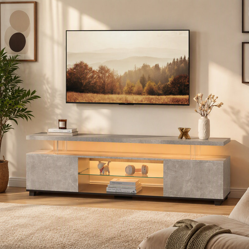 Meuble télé pour meuble télé 55 pouces à DEL avec console de rangement multimédia et grande armoire latérale pour le salon (gris et noir)