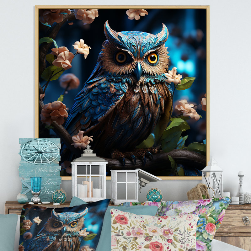 Blue Owls Moonlight Realm III sur toile, Cadre naturel flottant, H 36 po x l 36 po x P 1,5 po