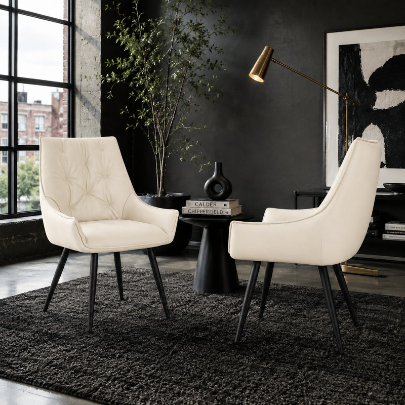 Ensemble de 2 chaises de salle à manger modernes en similicuir avec coussins à dossier plat avec pieds en métal noir et capuchons antidérapants pour la salle à manger et la cuisine