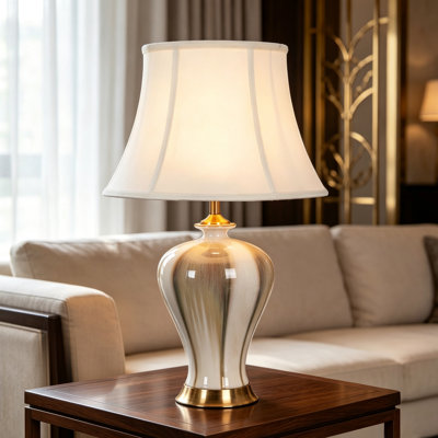 24.8in Ceramic Table Lamp with White Fabric Shade, Modern Glazed Vase Bedside Lamp for Bedroom Living Room