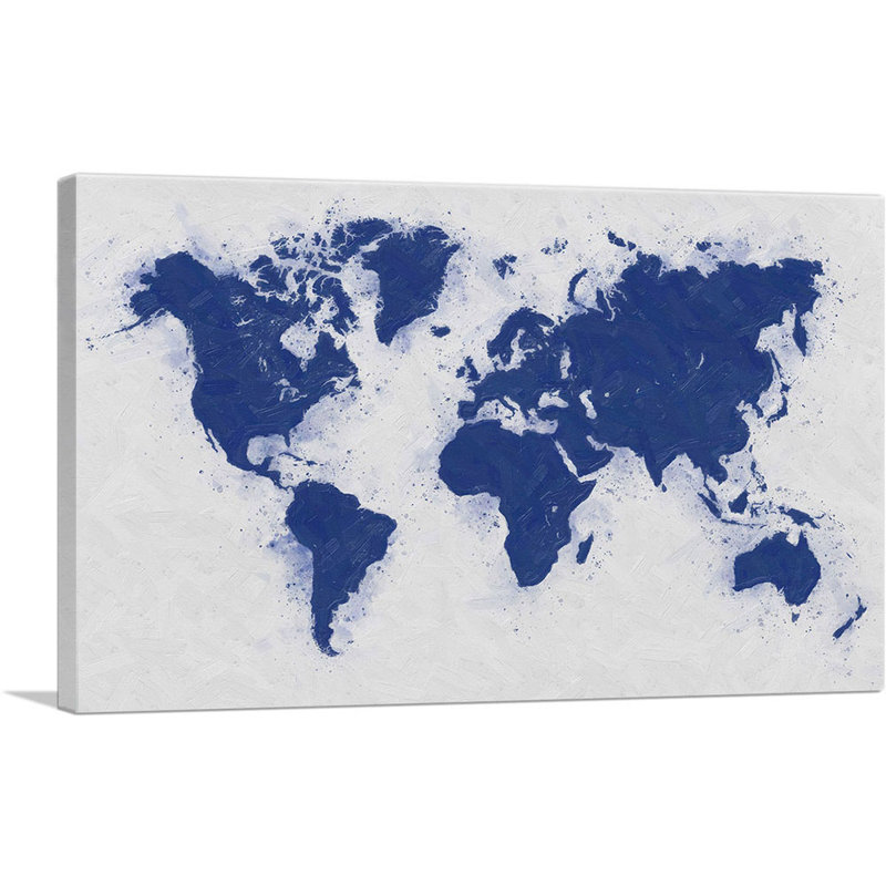 Carte du monde bleu marine et blanc - impression sur toile tendue, H 12 po x l 18 po x 1,5 po